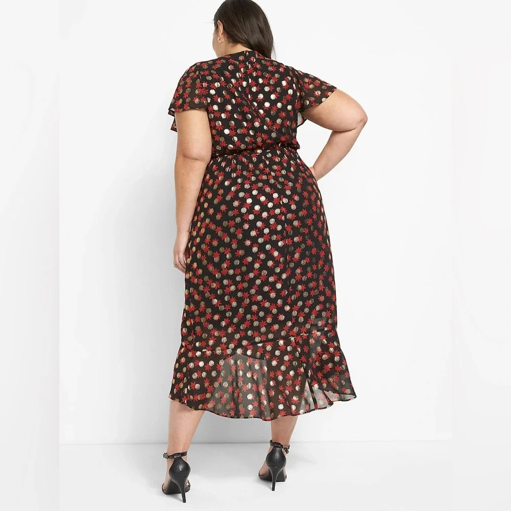 Lane Bryant 18 Surplice Frilly Ruffled Fitted Midi Dress Haley Floral Gold Dot - Picture 2 of 14